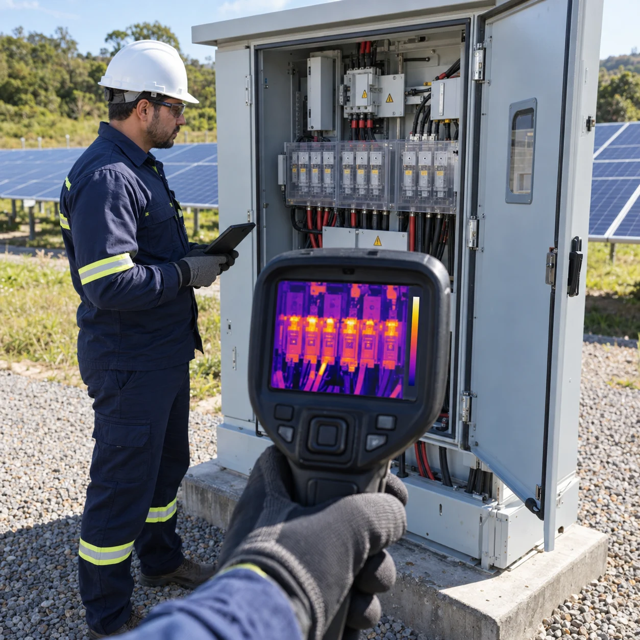 Imagem ilustrativa de inspeção termográfica do quadro elétrico de uma usina solar, com técnico e câmera térmica
