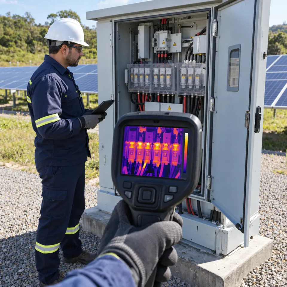 Imagem ilustrativa de inspeção termográfica do quadro elétrico de uma usina solar, com técnico e câmera térmica