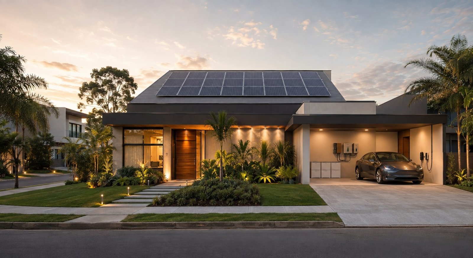 Residência ilustrativa com painéis solares e equipamentos de armazenamento